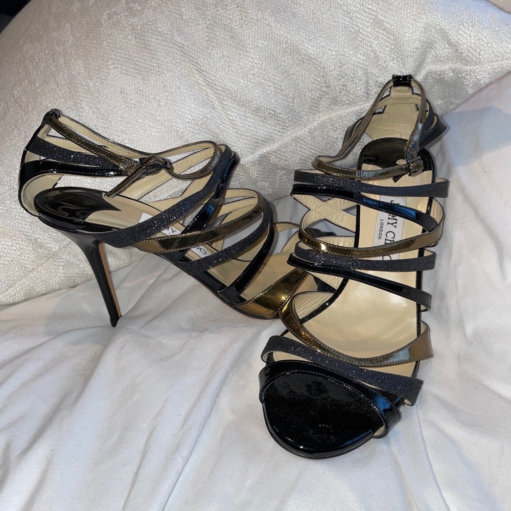 JIMMY CHOO MULTI-STRAP BLACK PATENT LEATHER SANDAL